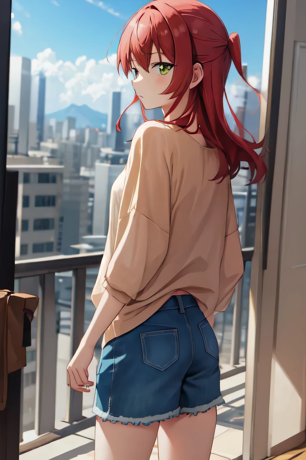 Kita ikuyo using a casual clothes,standing still,seeing a view,taking a pic from behind kita,kita is facing forward