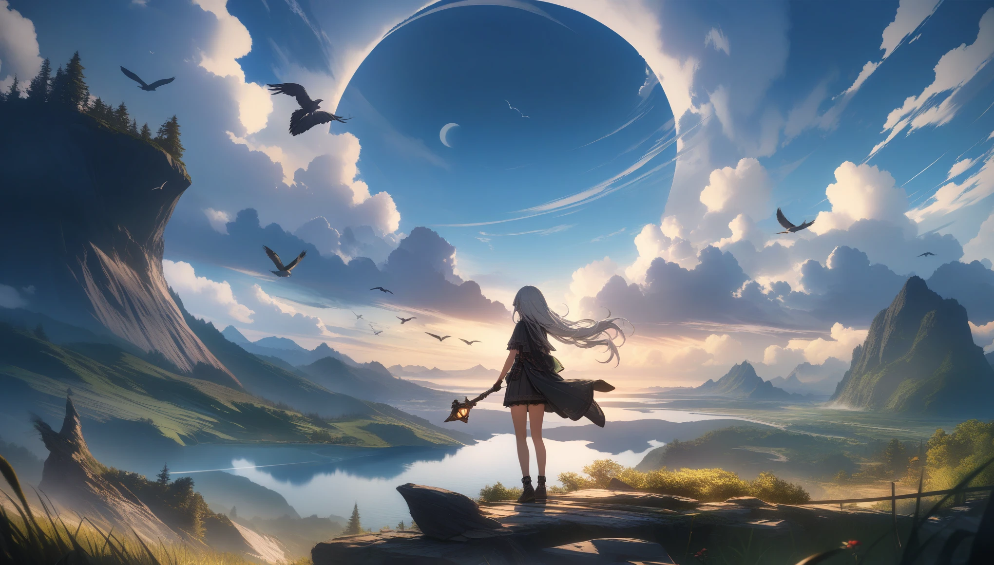 32k, best quality, ultra high res, HDR, UHD, extremely detailed CG, unity 32k wallpaper, highest quality, Very detailed, masterpiece, Super detailed, cloud, witch_Have, Have, 1 Girl, null, green_null,Day, length_hair, cloudy_null, moon,bird, alone, Silver_hair, witch, Outdoor,
