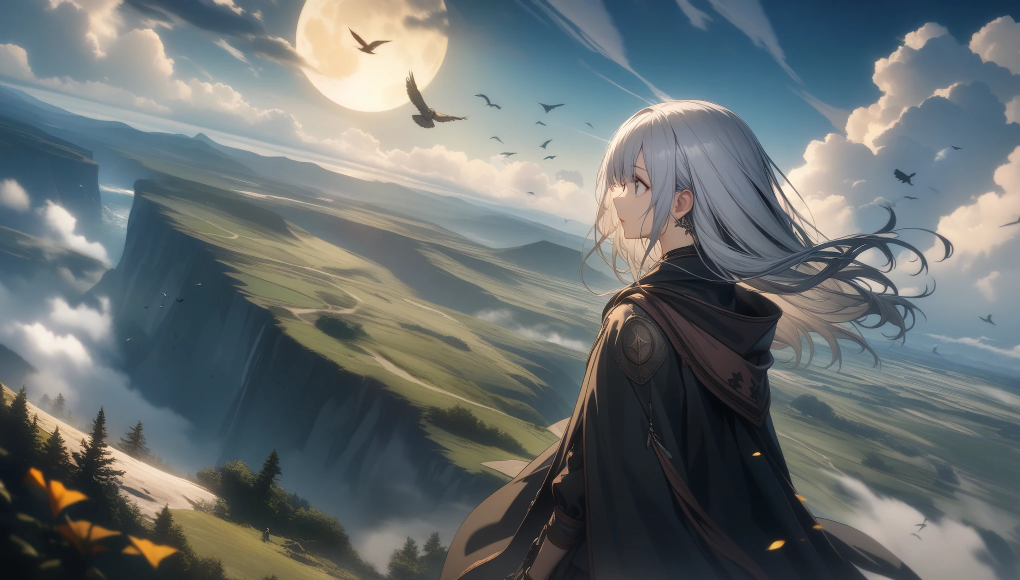 32k, best quality, ultra high res, HDR, UHD, extremely detailed CG, unity 32k wallpaper, highest quality, Very detailed, masterpiece, Super detailed, cloud, witch_Have, Have, 1 Girl, null, green_null,Day, length_hair, cloudy_null, moon,bird, alone, Silver_hair, witch, Outdoor,