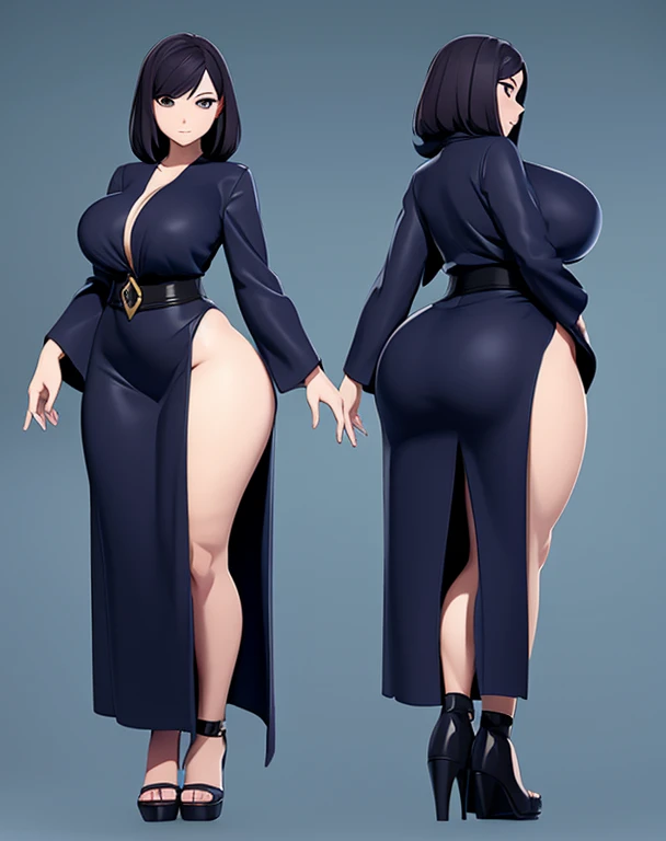 Anime woman, full body, front and back, curvy, big breasts, thick thighs, big ass, wide hips, 3d rendering, fantasy cultist outfit, dark mage, long robe