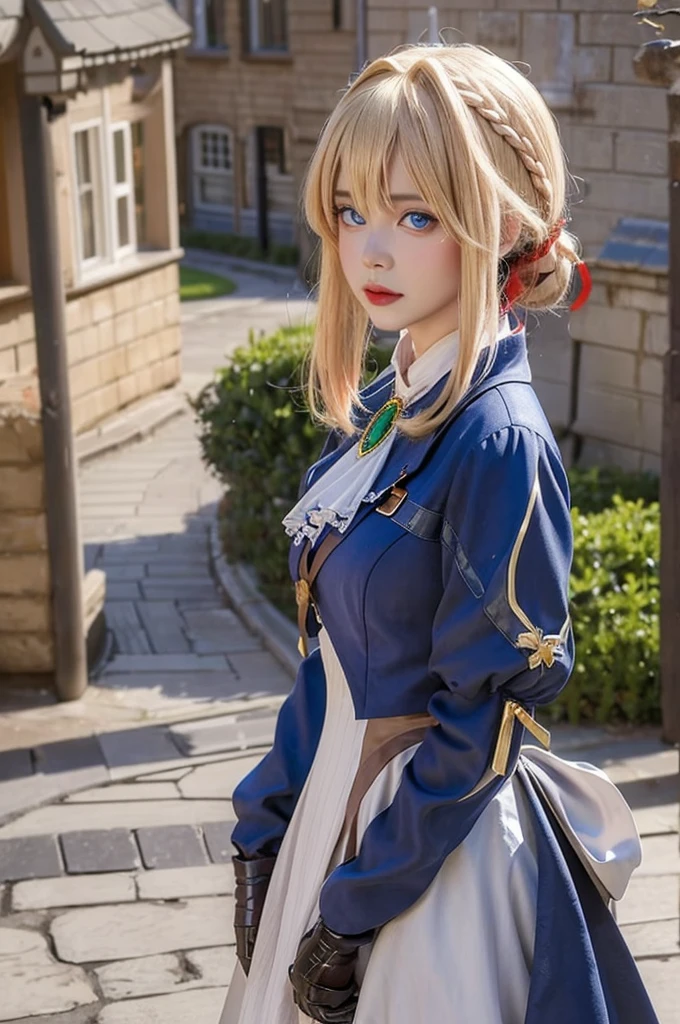 1girl, (((masterpiece, best quality))),(realistic, photorealistic), violet_evergarden, cowboy shot, blonde hair,braid, red hair ribbon, bangs, short blue jacket, blue long sleeves, jewelry, blue eyes, brooch, ascot, ((white long dress)), looking at viewer, upper body, outdoors, ((castle)),((houses)) streets, raining, manor,