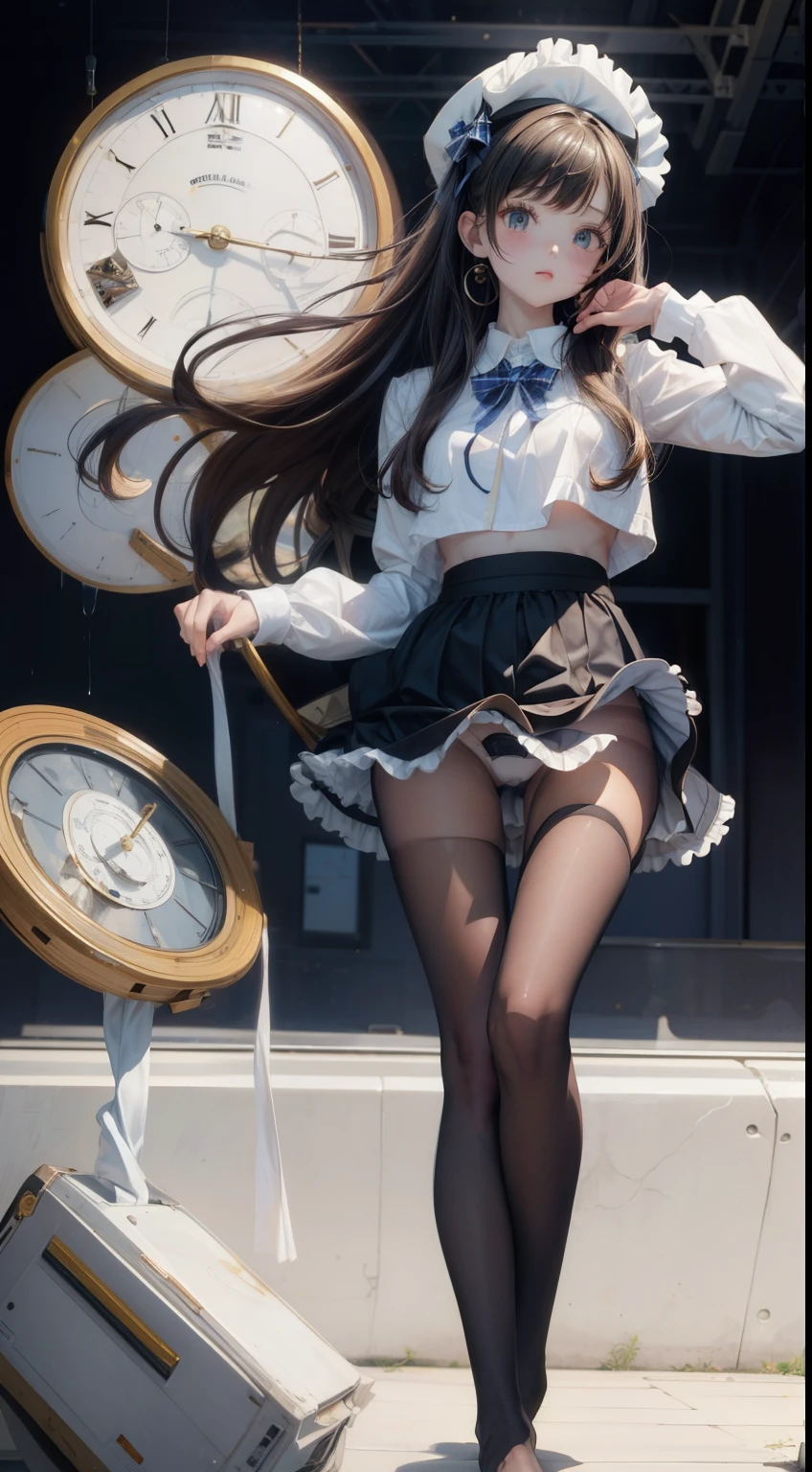 Top quality, masterpiece, High resolution, (whole body), front, Symmetric, 成熟したhigh school girl, alone, (whole body from head to toe), Large Breasts, Long Hair, slightly , (black tights), ( (Black Pantyhose), Black Pantyhose, composition Showing white panties, slender beautiful foot, Very beautiful 17 year old girl (No shoes) foot), Blushing, Shy big eyes, Messy Hair, looking at the camera, Showing white panties, White frilly lingerie, High Blazer, High school uniform white blouse, High with blue ribbon, High style with short plaid pattern and navy pleated skirt、Second dimension beautiful girl、high school girl、The cutest in the world