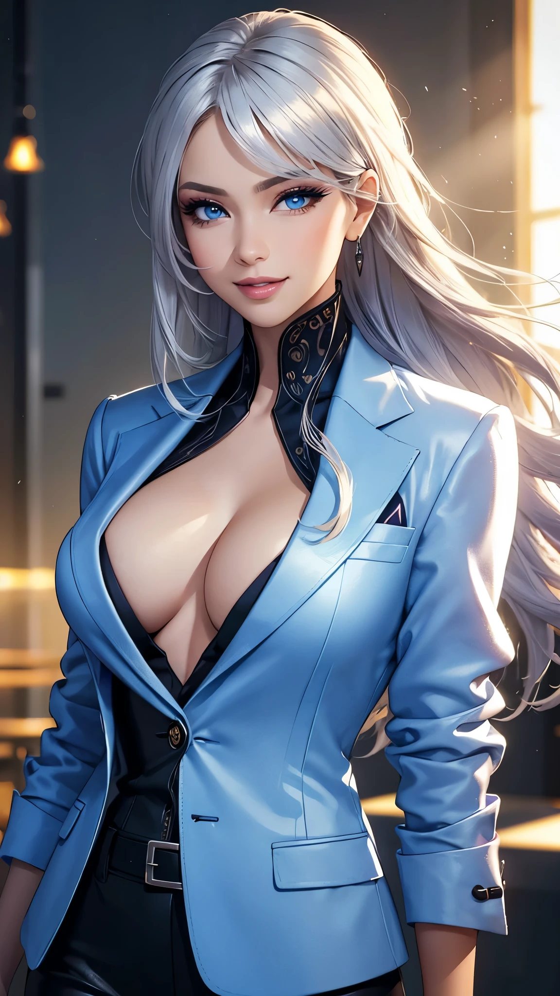 (best quality,ultra-detailed,photo-realistic:1.37),bright and vibrant colors,studio lighting,playful expression,stylish makeup,business Jacket,Silver hair flowing in the wind,alluring eyes,glossy lips,sexy pose, smiling in a confident and seductive way,posing for a professional photoshoot,shallow depth of field,highlighting the main subject,soft natural lighting,creating a dreamy and magical atmosphere.