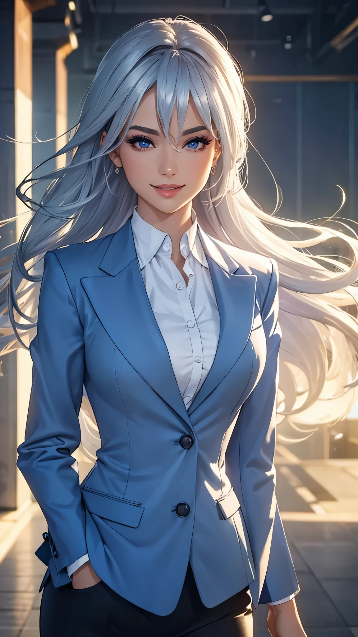 (best quality,ultra-detailed,photo-realistic:1.37),bright and vibrant colors,studio lighting,playful expression,stylish makeup,business Jacket,Silver hair flowing in the wind,alluring eyes,glossy lips,sexy pose, smiling in a confident and seductive way,posing for a professional photoshoot,shallow depth of field,highlighting the main subject,soft natural lighting,creating a dreamy and magical atmosphere.