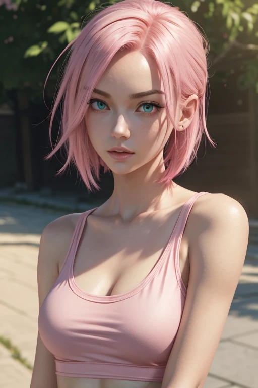 young woman, short shoulder-length pink hair, wide forehead, porcelain skin, pink eyebrows, big emerald green eyes, buttoned nose, full lips, heart-shaped face, slender body, small breasts, red tank top, Sakura Haruno , realistic, realism, details, 3d, well detailed