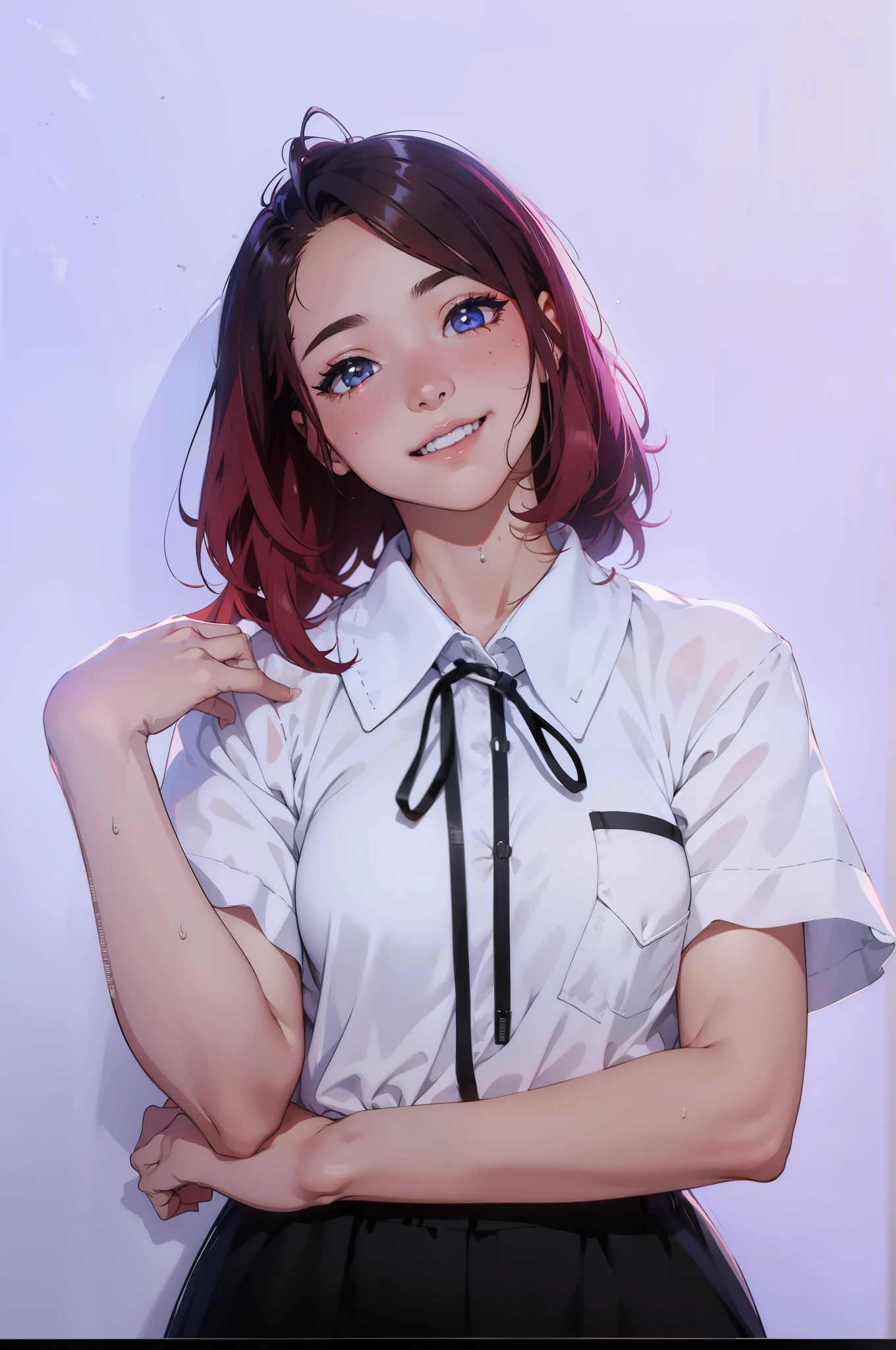 girl, sweat, medium breast, shy, detailed hand, looking at viewer, light smile, dynamic shadows
