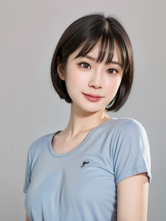(kawaii 24 year-old Japanese girl, Nogizaka idol, Korean idol), (glossy black hair, messy very short hair, messy pixie cut, symmetric hair length, even length hair edges:1.3), (bangs), (extra rounded face, black eyes, single eyelid, no makeup, soft smiling:1.2), (wearing light blue t-shirt:1.3), (flat chest, extra small breasts:0.8), (looking at viewer:1.2), BREAK, (simple white background:1.3), (angle from below, portrait:1.3), BREAK, (masterpiece, best quality, photo realistic, official art:1.4), (UHD, 8K quality wallpaper, high resolution, raw photo, golden ratio:1.2), (shiny skin), professional lighting, physically based rendering, award winning, (perfect anatomy, highly detailed skin, extremely detailed face and eyes), Carl Zeiss 85 mm F/1.4, depth of field, 1girl, solo,