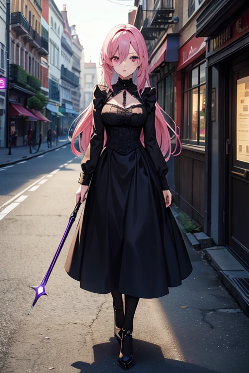 a pink haired woman with violet eyes and an hourglass figure is posing in cool gothic clothes is leaning on her scythe in the busy city street