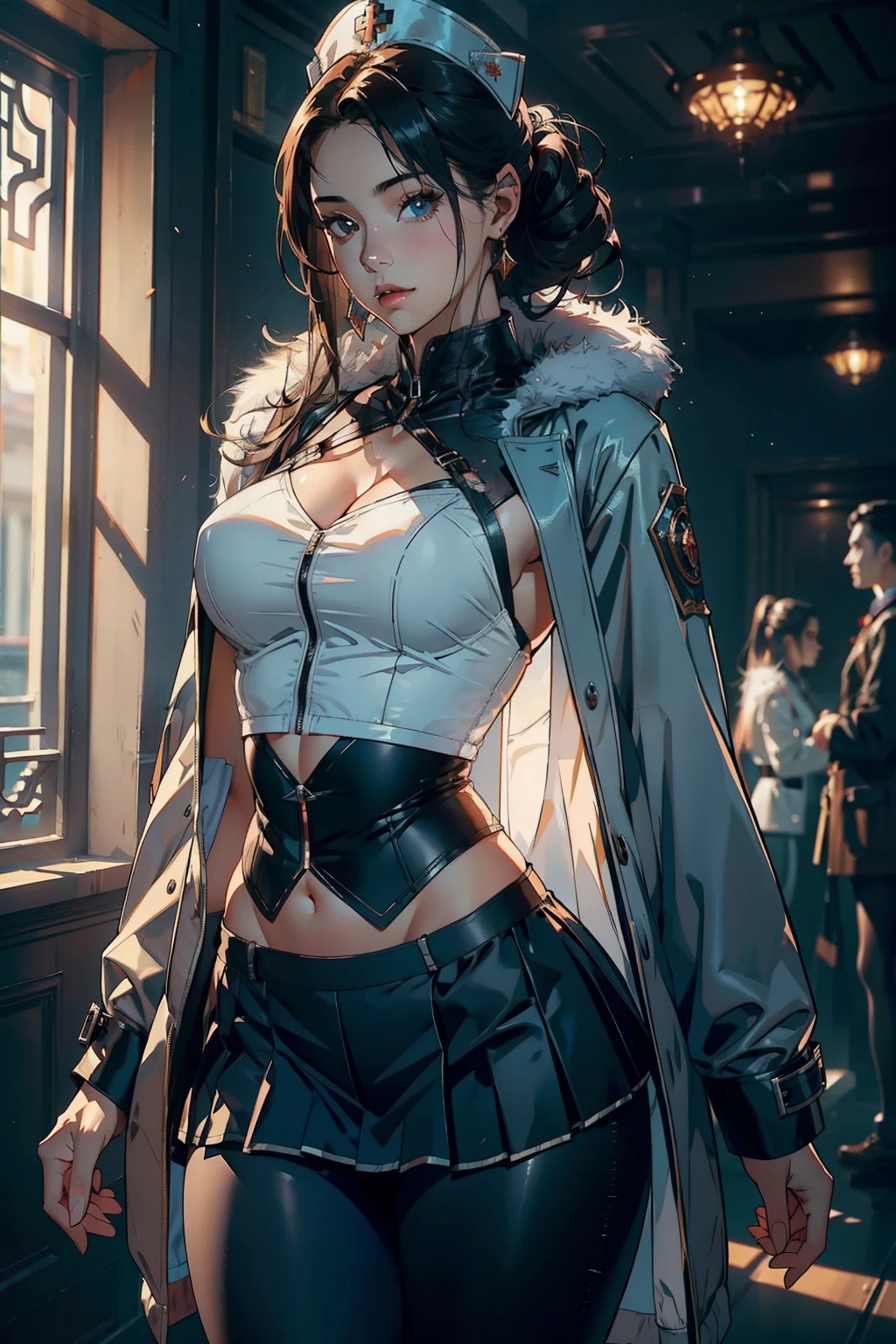 1female,35yo,plumw,extremely large bosom, 独奏,(Background with:Huge machinery,droid,aerodrome,Planes,Huge mechanical armor,) She has very short black hair,bobo head,Stand on the plane,,seen from the front, hair straight, mostly cloudy sky,(((tmasterpiece),(Very detailed CG unity 8K wallpaper),best qualtiy,cinmatic lighting,detailed back ground,beatiful detailed eyes,Bright pupils,Blue eyes,Snow-whiteskin,Redlip(Very fine and beautiful),(Beautiful and detailed eye description),ultra - detailed,tmasterpiece,))facing at camera,A high resolution,ultra - detailed),revealing breasts,Bare genitalia, Bulge,legs are open,Raised sexy,Camel toes,Flushed complexion,Desire for dissatisfaction,frontage,Stewardess(Wearing:blazer jacket,tailcoat,White color blouse,a black bowtie,Black pantyhose,Bare breasts)