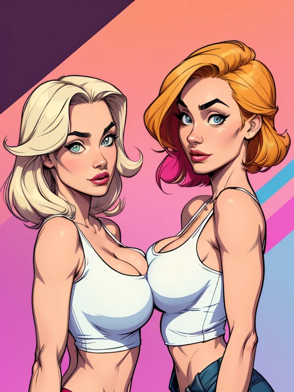 Jennifer Connelly and Yvonne Strahovski style Cartoon style digital illustration diverse colorful background attractive woman sesy beautiful breasts and clothes in white tank top in symmetrical, Female girlfriends pose with beautiful breasts in Cartoon style digital illustration