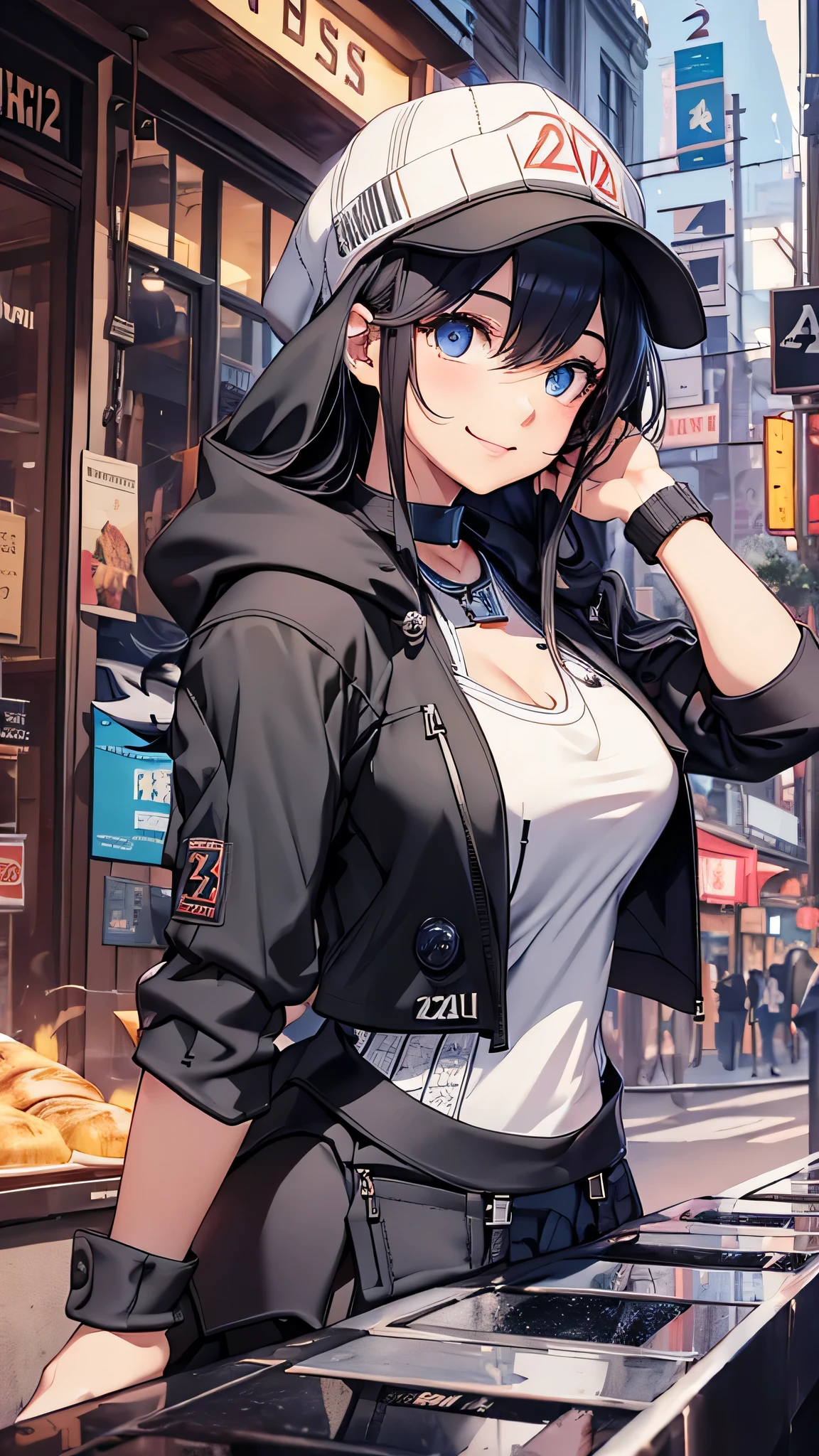 最high quality、best image quality、masterpiece、age girl((18-year-old、 By becoming、vest bust、medium bust,wide open breast tea、black eye, black hair、long hair、thin,highest valley、black hoodie(2:3),White skirt、sit、open the thighs、cute blue hat、slouch(2:3),smile、put your hands behind your back)),high quality、beautiful art、background((City of night、Restaurant area)),debris flies、Depth of written boundary、movie、visual art、perfect art、8K,genuine