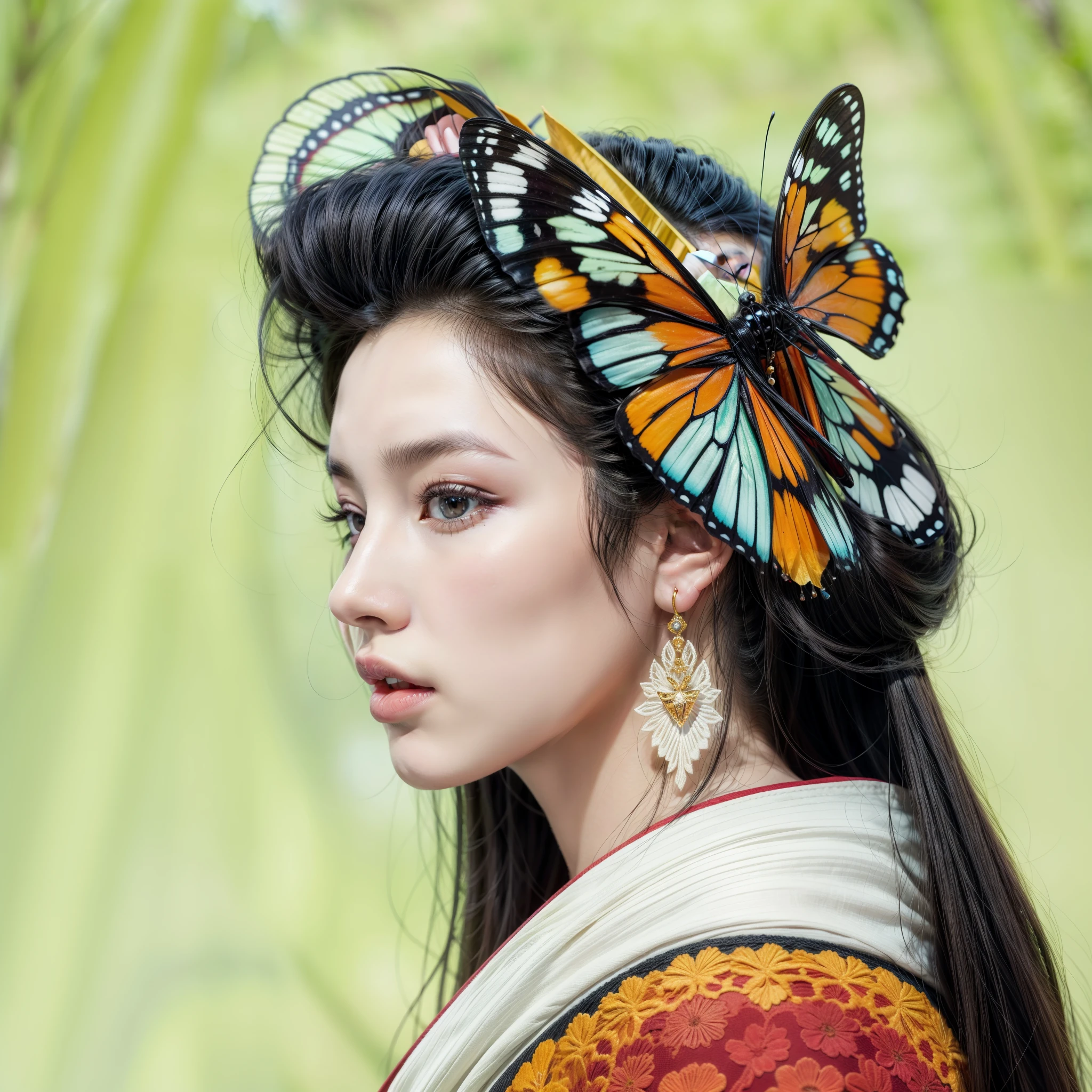 A beautiful geisha with long black hair, full lips, pale silky skin (with makeup), beautiful eyes, wearing a beautiful butterfly ornament in her hair, wearing diamond earrings, kimono, and in the background a park of trees with butterflies flying around, beautiful hyperrealistic butterfly geisha, a fantastic photorealistic geisha, an enchanted geisha with intricate details.