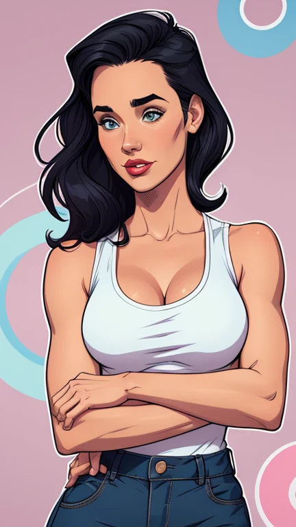 Jennifer Connelly and Yvonne Strahovski style Cartoon style digital illustration diverse colorful background attractive woman sesy beautiful breasts and clothes in white tank top in symmetrical, Female girlfriends pose with beautiful breasts in Cartoon style digital illustration 