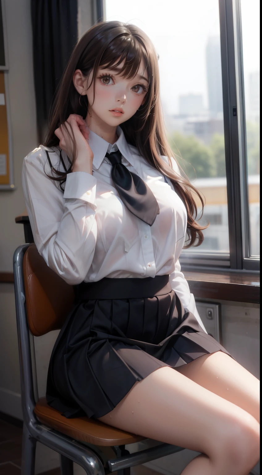 Professional women, 1 girl, make out, (shiny big), Backlight, (bangs), (Sweaty: 1.3), Blur the background, underwear, 20 year old woman photo, panties, lace panties, Sitting, Panty shot, Spread your legs, skirt, , white panties, socks, Black Hair, shirt, Blurred, Blurred背景, Knee-length, white shirt, loafers, Realistic, lips, Brown eyes, black socks, tie, pleated skirt, bow, Headrest, Landscape, Brown footwear, masterpiece, highest quality, Super detailed, after school school, Dark blue V-neck knit vest, Sitting on a chair in the classroom and spreading your legs,Second dimension beautiful girl