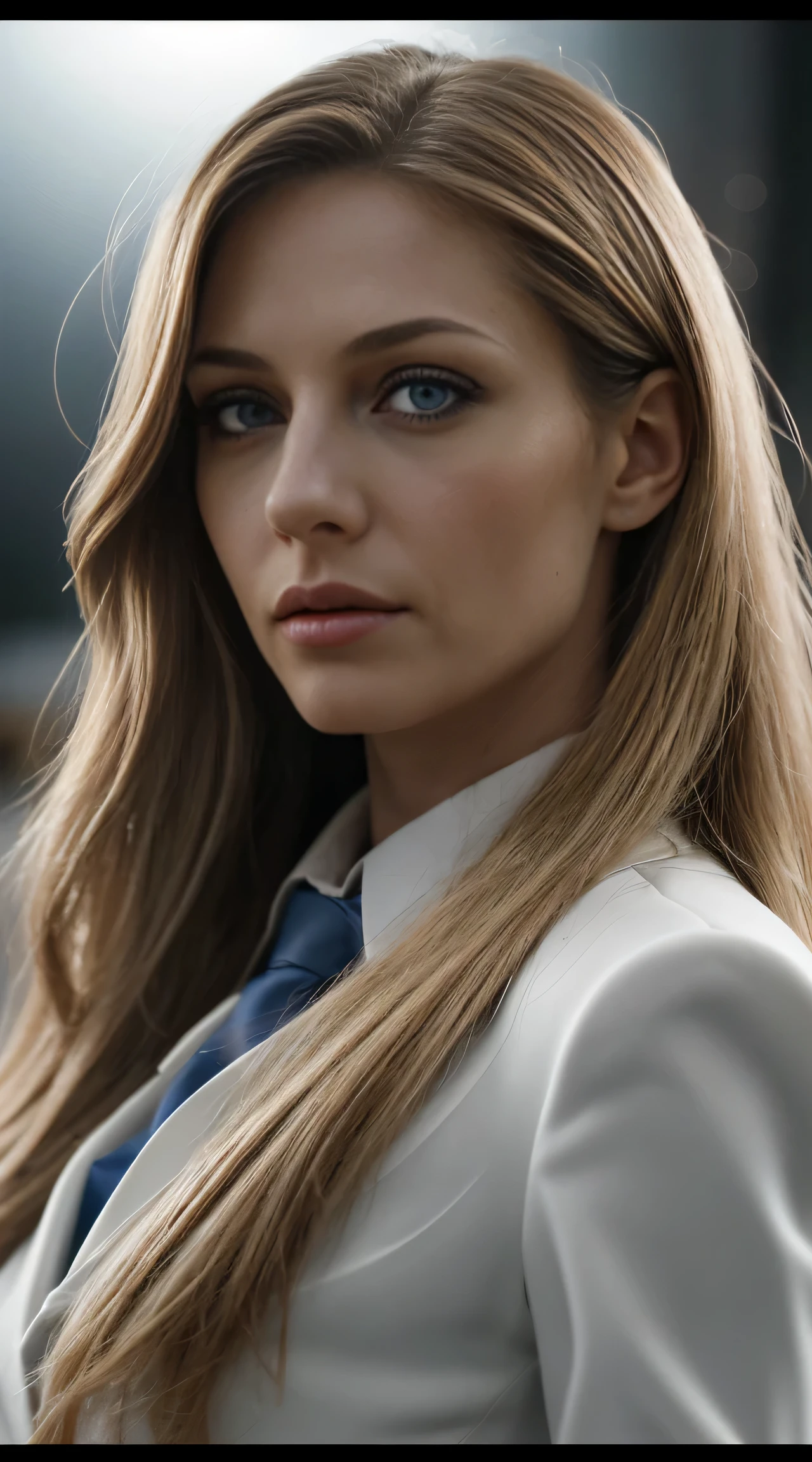 Executive woman, long straight blonde hair, wearing a thin and elegant suit, front view, very detailed, 35 years, natural wave hair, blue eyes, high-res, masterpiece, best quality, intricate details, highly detailed, sharp focus, detailed skin, realistic skin texture, texture, detailed eyes, professional, 4k, Canon shot, 85mm, shallow depth of field, Kodak vision color, perfect fit body, extremely detailed, photo_\(ultra\), photorealistic, realistic, post-processing, maximum detail, roughness, real life, ultra realistic, photorealism, photography, 8k uhd, photography (grain of film) medium shot for closeup shot atmospheric dark lighting