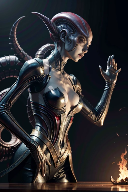 best quality,4k,8k,highres,masterpiece:1.2,ultra-detailed,realistic:1.37,HDR,UHD,studio lighting,ultra-fine painting,sharp focus,physically-based rendering,extreme detail description,professional,art nouveau,tarot card style, dynamic angle, action shot, two characters,female alien,(creatures from outer space),(GirlfriendMix2:1),(A female alien is resurrecting a creature from the dead:1.6), (raising the undead), (she raises her hand, infusing energy into the creature's corpse:1.37), red energy lines,(multiple blood strings floats around the environment flowing into the creature's corpse), fractalized, (wearing a biological exoskeleton),(concept art inspired by moebius),alien flora,(exotic flora background with ruby crystals),vivid colors,olive and pale red hues,trending on cgsociety,landscape,horror,(sci-fi),Yoshitaka Amano style,concept artists,bright and vibrant colors,dreamy lighting