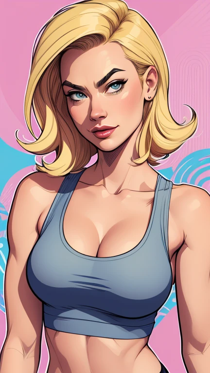 Yvonne Strahovski style Cartoon style digital illustration colorful background diverse attractive woman sesy beautiful breasts and clothes in white tank top in symmetrical, Female girlfriends pose with beautiful breasts in Cartoon style digital illustration