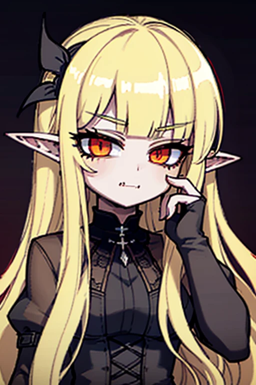 1girl, best quality, high quality, (masterpiece), perfect face, detailed face, 1girl, pale skin, young, vampire, fangs, fang, long hair, wavy hair, blonde hair, red eyes, pointy ears, black hairband, black dress, gothic dress, elegant dress, black mary janes, hand on hips, graveyard, fog, night, upper body