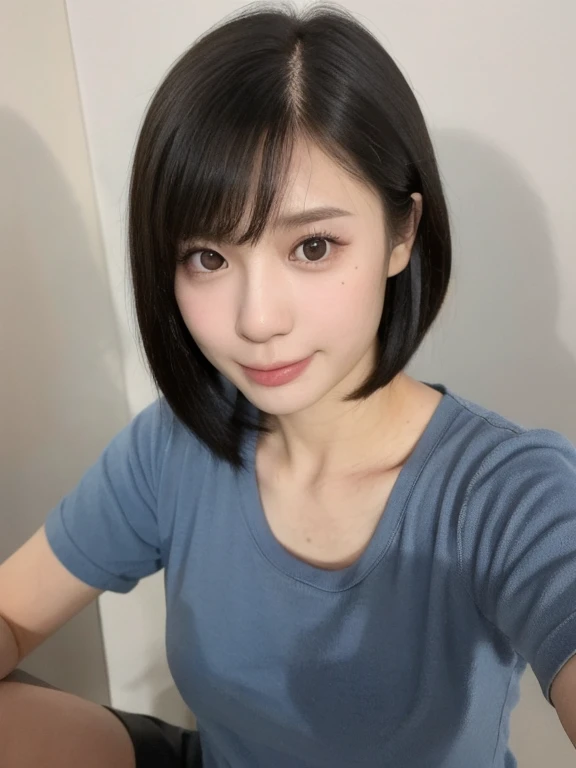 (kawaii 24 year-old Japanese girl, Nogizaka idol, Korean idol), (glossy black hair, messy very short hair, messy pixie cut, symmetric hair length, even length hair edges:1.3), (bangs), (extra rounded face, black eyes, single eyelid, no makeup, soft smiling:1.2), (wearing light blue t-shirt:1.3), (flat chest, extra small breasts:0.8), (looking at viewer:1.2), BREAK, (simple white background:1.3), (angle from below, portrait:1.3), BREAK, (masterpiece, best quality, photo realistic, official art:1.4), (UHD, 8K quality wallpaper, high resolution, raw photo, golden ratio:1.2), (shiny skin), professional lighting, physically based rendering, award winning, (perfect anatomy, highly detailed skin, extremely detailed face and eyes), Carl Zeiss 85 mm F/1.4, depth of field, 1girl, solo,