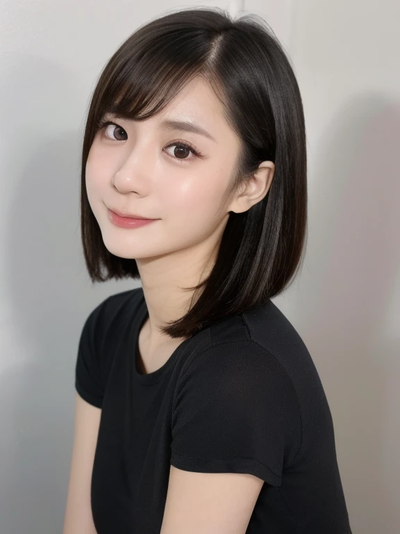 (kawaii 24 year-old Japanese girl, Nogizaka idol, Korean idol), (glossy black hair, messy very short hair, messy pixie cut, symmetric hair length, even length hair edges:1.3), (bangs), (extra rounded face, black eyes, single eyelid, no makeup, soft smiling:1.2), (wearing light blue t-shirt:1.3), (flat chest, extra small breasts:0.8), (looking at viewer:1.2), BREAK, (simple white background:1.3), (angle from below, portrait:1.3), BREAK, (masterpiece, best quality, photo realistic, official art:1.4), (UHD, 8K quality wallpaper, high resolution, raw photo, golden ratio:1.2), (shiny skin), professional lighting, physically based rendering, award winning, (perfect anatomy, highly detailed skin, extremely detailed face and eyes), Carl Zeiss 85 mm F/1.4, depth of field, 1girl, solo,