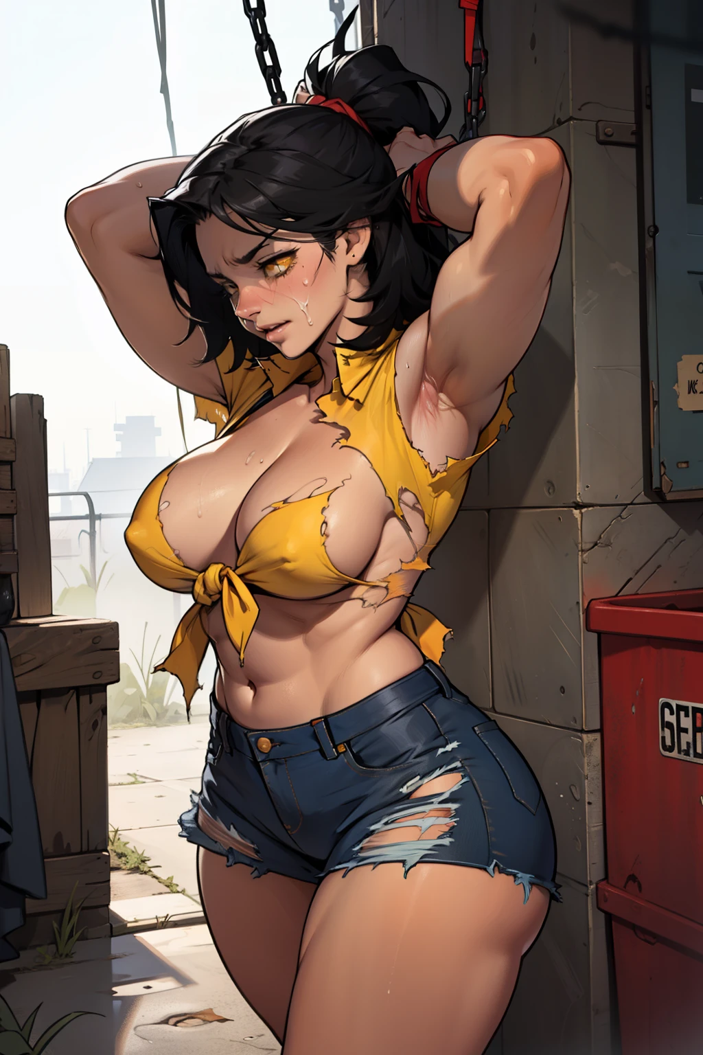 a tied up woman with torn clothes who's crying black hair yellow eyes muscular girl large breasts