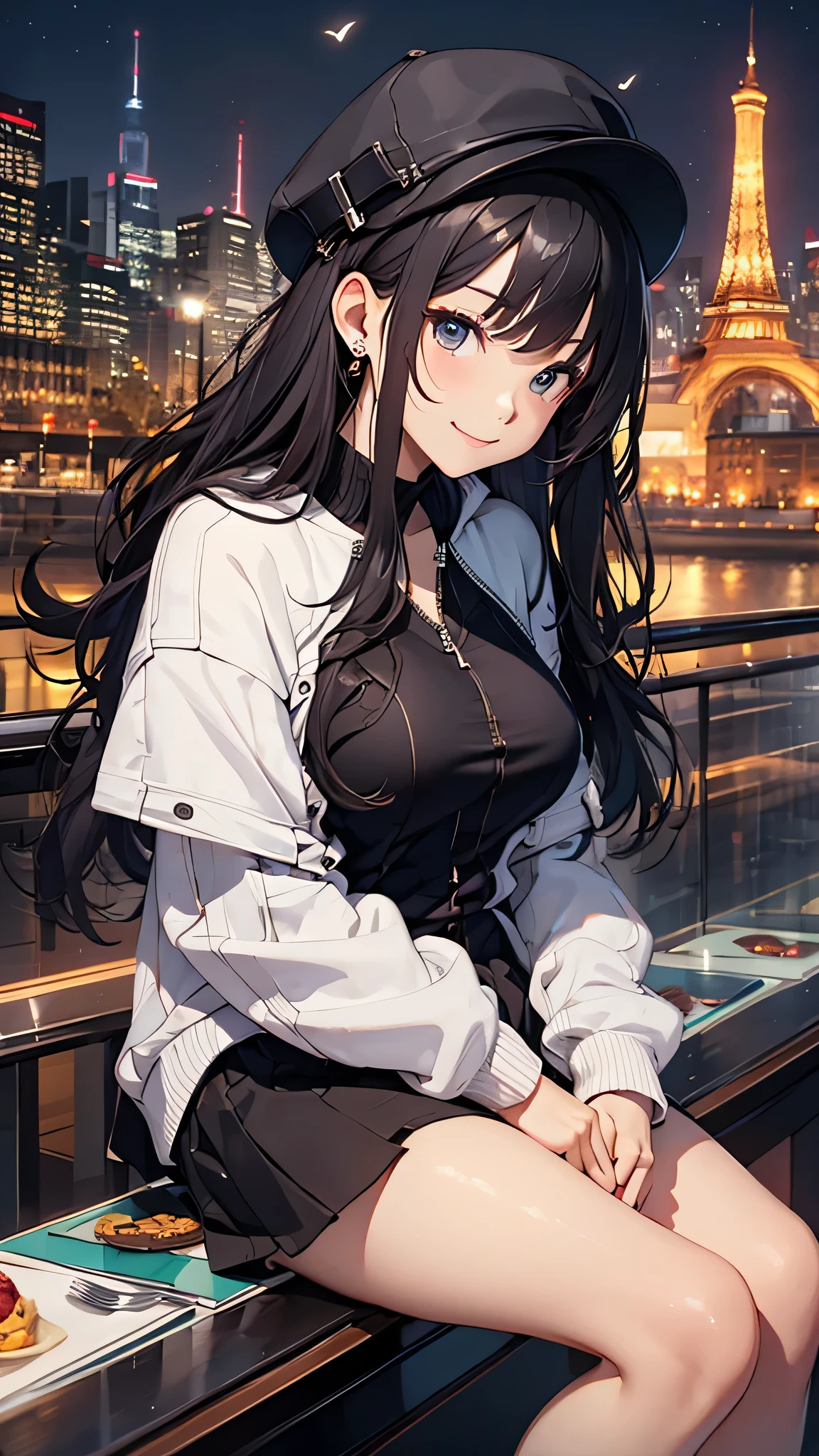 最high quality、best image quality、masterpiece、teenage girl((18-year-old、 By becoming、vest bust、medium bust,wide open breast tea、black eye, black hair、long hair、thin,highest valley、black hoodie(2:3),White skirt、sit、open the thighs、cute blue hat、slouch(2:3),smile、put your hands behind your back)),high quality、beautiful art、background((City of night、Restaurant area)),debris flies、Depth of written boundary、movie、visual art、perfect art、8K,genuine