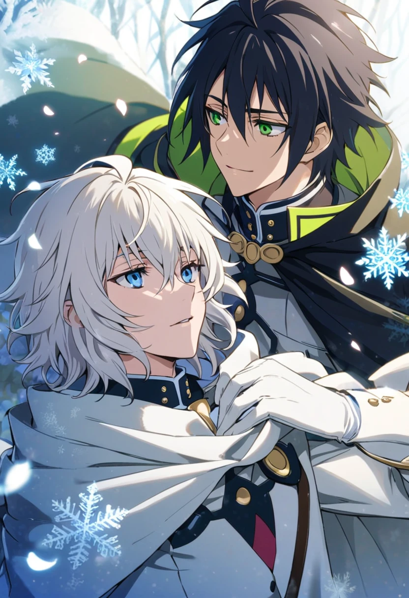 Gojou Satoru, white hair with bangs, Mikaela Hyakuya, wavy blond hair, blue eyes, Yuu Hyakuya, black hair, green eyes, Owari No Seraph, ice forest, snowflakes, petals and flowers, two man together, gay couple, handsome, cape, white gloves,
