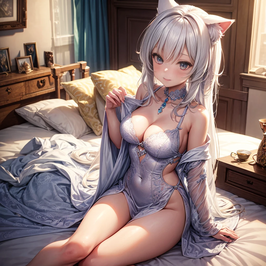 Long-haired anime girl sitting on bed, Cat ears, From the girl front, Cute anime waifu wearing beautiful clothes, seductive anime girls, White-haired deity, Exquisite details. in dress, Anime 4K