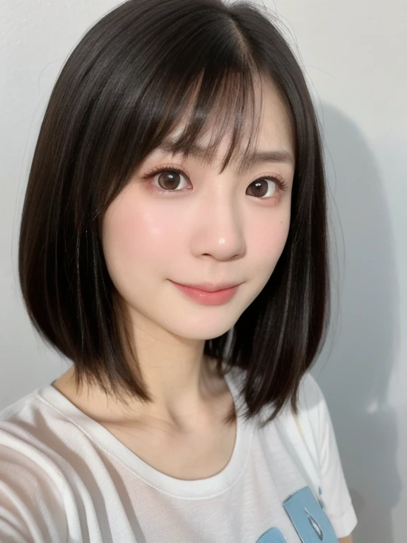 (kawaii 24 year-old Japanese girl, Nogizaka idol, Korean idol), (glossy black hair, messy very short hair, messy pixie cut, symmetric hair length, even length hair edges:1.3), (bangs), (extra rounded face, black eyes, single eyelid, no makeup, soft smiling:1.2), (wearing light blue t-shirt:1.3), (flat chest, extra small breasts:0.8), (looking at viewer:1.2), BREAK, (simple white background:1.3), (angle from below, portrait:1.3), BREAK, (masterpiece, best quality, photo realistic, official art:1.4), (UHD, 8K quality wallpaper, high resolution, raw photo, golden ratio:1.2), (shiny skin), professional lighting, physically based rendering, award winning, (perfect anatomy, highly detailed skin, extremely detailed face and eyes), Carl Zeiss 85 mm F/1.4, depth of field, 1girl, solo,