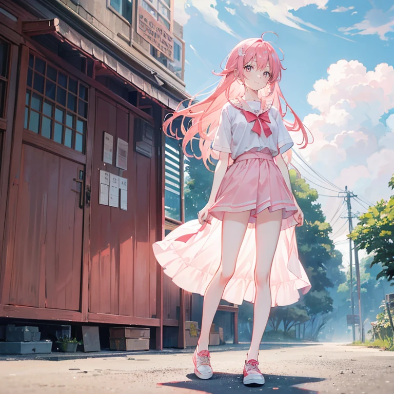 Coral pink hair,Long hair,Two hairpins,,Two hairpins,Gray eyes,feather hair ornament,cute,Girl,laughing expression,White short sleeve,shorts,Wear shoes on your feet,Standing on the ground,whole body,Don't show your arms,The background is dusk,many clouds