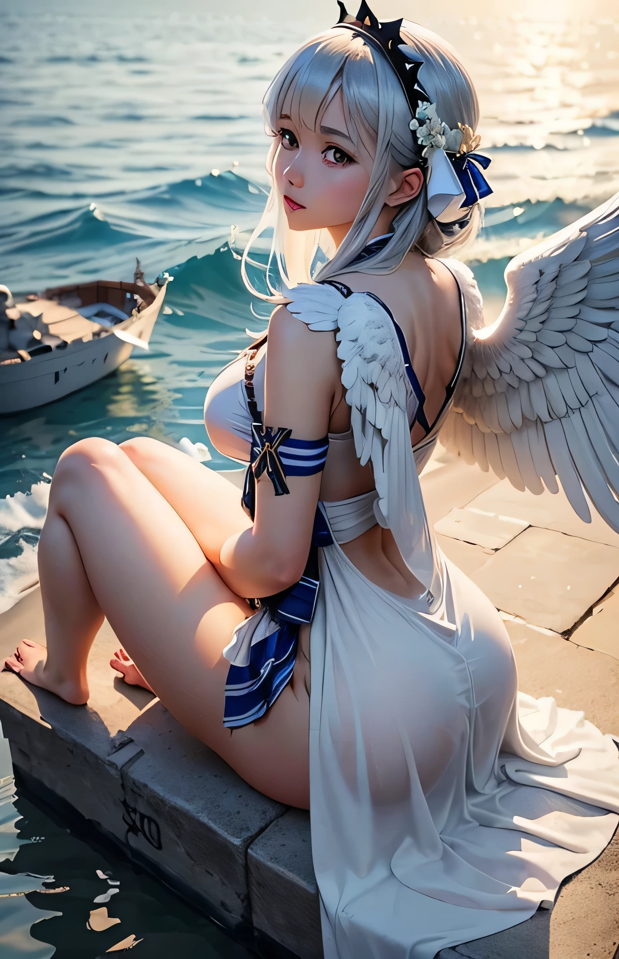 Greek warships、She has white angel wings on her back