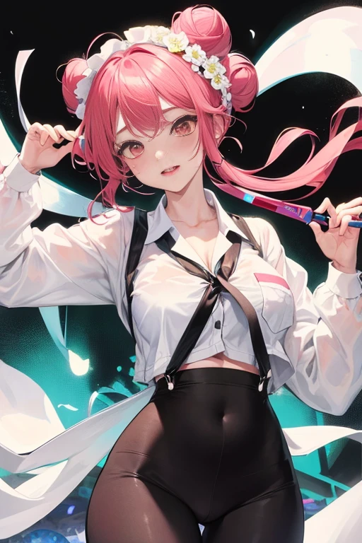 masterpiece、、1 female student、White cloth bun bun bun、big shoulders、chubby、Smile、Black suspenders、lace leggings、light pink lips、posing at school,(Soaked all over),legs are open, solo, White polo shirt, looking at the audience, (Thick thighs:1.0),Yazawa Nico,red eyes, Blushed,Blunt hair,hands on hips,greet,Flower headdress,Large scissors,black yoga pants