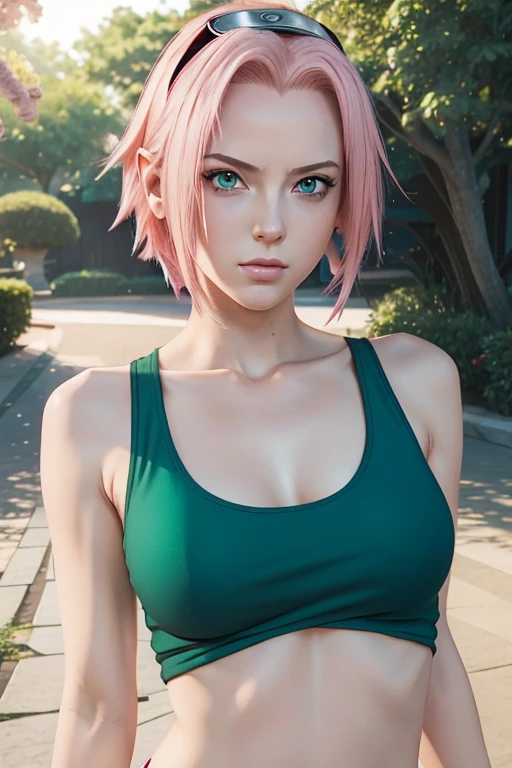 young woman, short shoulder-length pink hair, wide forehead, porcelain skin, pink eyebrows, big emerald green eyes, buttoned nose, full lips, heart-shaped face, slender body, small breasts, red tank top, Sakura Haruno , realistic, realism, details, 3d, well detailed