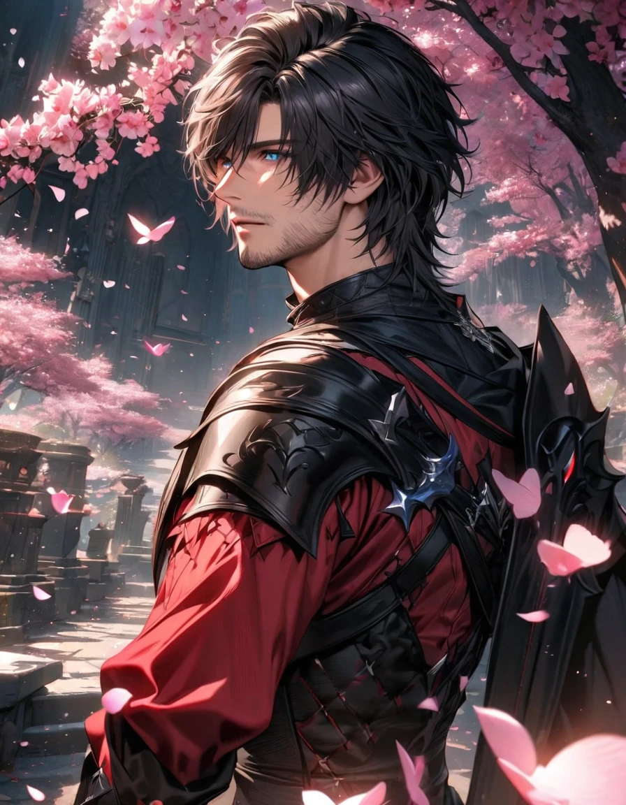 absurdres, highres, ultra detailed, HDR, master piece, best quality, Clive Rosfield, black hair, expressive blue eyes, Final Fantasy XVI, 1man, handsome, black and red clothes, pink petals, pink butterflies, pink flowers, pink butterflies, blossoms
