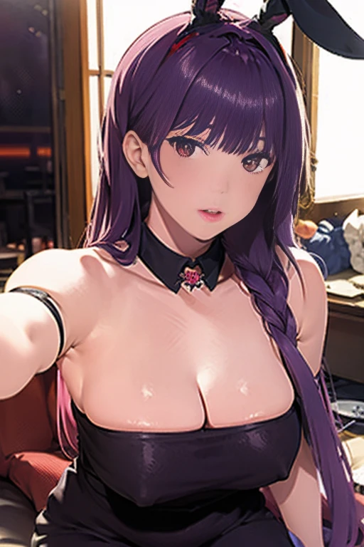 Purple hair, long hair, red eyes, beautiful and well-shaped face, big breasts, firm body, big butt, thick thighs, wide open thighs, crouching, black bunny clothes, pussy, (Lower body naked), purple pubic hair,
