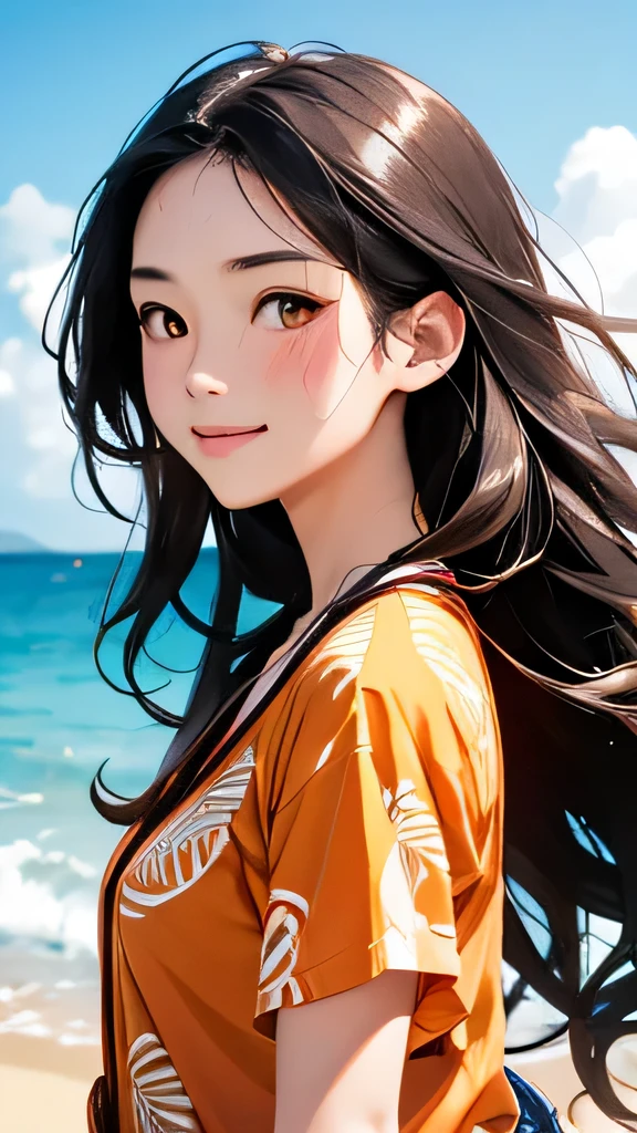highest quality、Realistic、Japanese、Women、cute、Orange eyes、Loose wavy long hair、Black Hair、all back、Forehead is coming out、Strong winds、Ocean、Midsummer、Strong sunlight、Sweat、Sunburned skin、Aloha Shirt、Joy、Grinning、Face close-up、Small 、slender