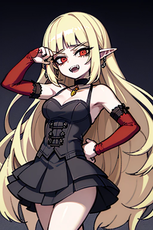 1girl, best quality, high quality, (masterpiece), perfect face, detailed face, 1girl, pale skin, young, vampire, ((fangs)), fang, long hair, wavy hair, blonde hair, red eyes, pointy ears, black hairband, black dress, gothic dress, elegant dress, black mary janes, hand on hips, graveyard, fog, night, upper body