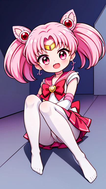 Sailor Moon，young年，Seven years old，cute，（Little Loli），Pink hair twintails，short hair，Sailor Suit，red bow，White elbow gloves，Red Skirt，no shoes，Open your mouth，laughing out loud，Fangs，(White pantyhose),soles of feet，soles of feet，（young），（The body is small and delicate）