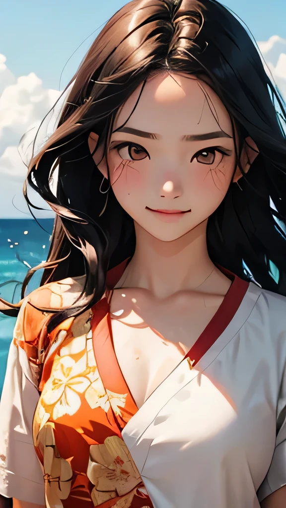 highest quality、Realistic、Japanese、Women、cute、Orange eyes、Loose wavy long hair、Black Hair、all back、Forehead is coming out、Strong winds、Ocean、Midsummer、Strong sunlight、Sweat、Sunburned skin、Aloha Shirt、Joy、Grinning、Face close-up、Small breasts、slender