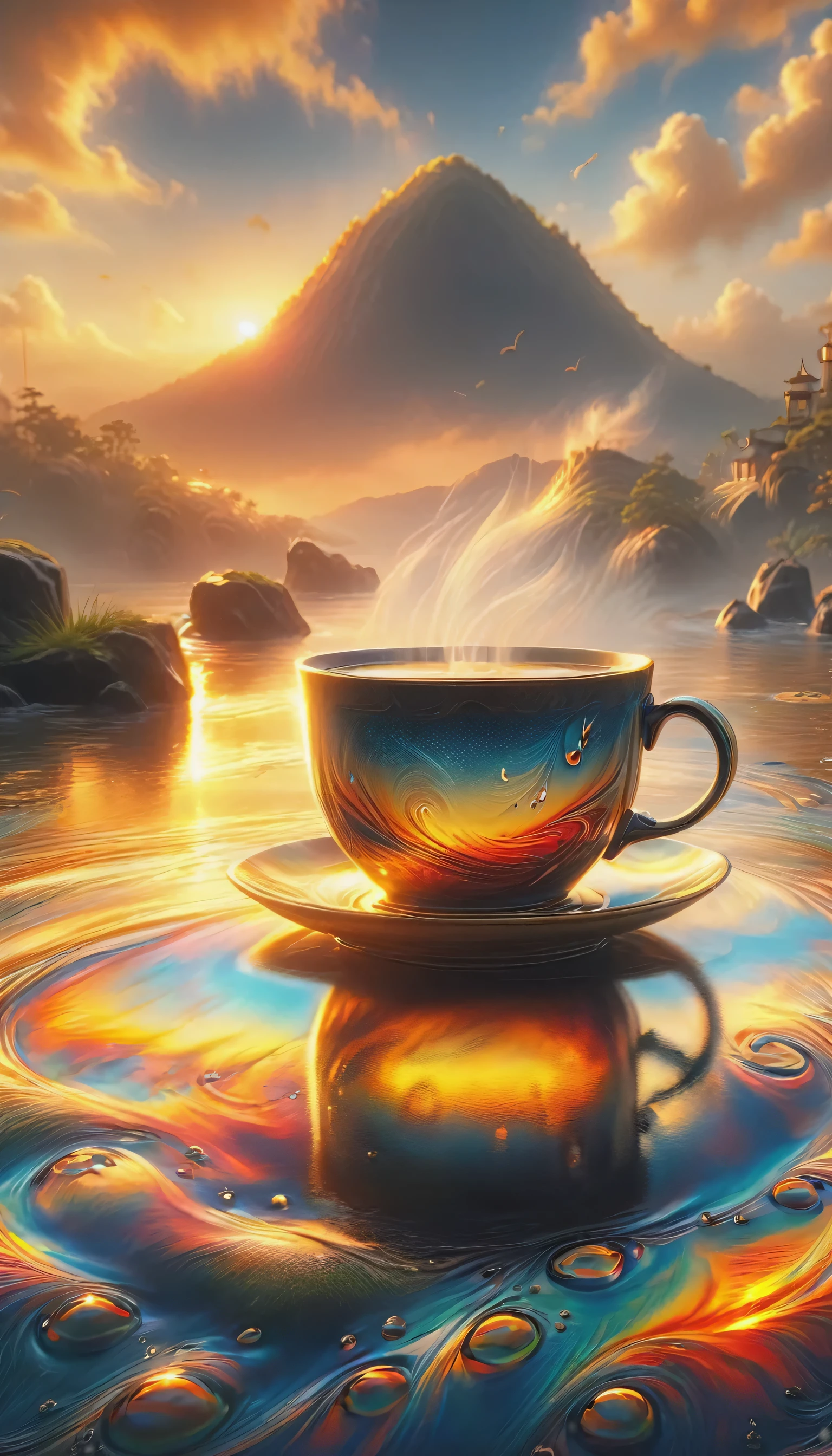 coffee and sunrise/Sunset: capture warmth, The soft light of sunrise or sunset illuminates your coffee cup,Creates a tranquil and peaceful image. Mist rising from the cup. 8k
