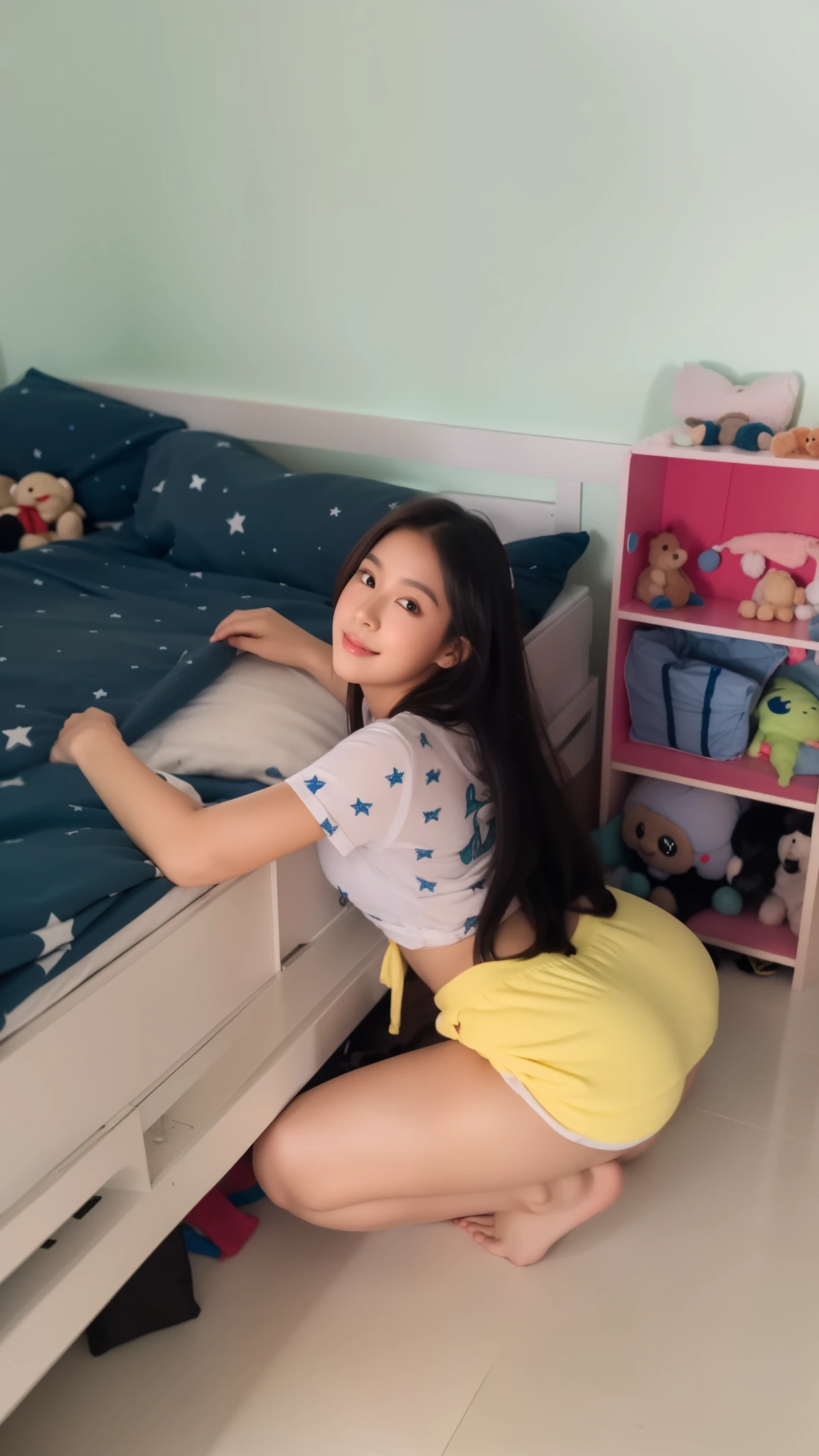 there is a woman kneeling on the floor in front of a bed, in her room, sitting on her bed, posing in a bedroom, laying on a bed, sitting on a bed, sitting on the bed, sitting in her room, on my bed, posing in bed, laying on her back on a bed, ruan cute vtuber