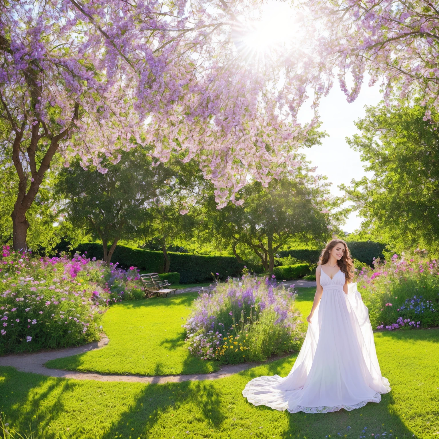(best quality,4k,8k,highres,masterpiece:1.2),ultra-detailed,(realistic,photorealistic,photo-realistic:1.37),fashionable dressing,beautiful detailed eyes,cheerful detailed smile,green eyes,caucasian girl,young woman,gorgeous appearance,long brunette hair flowing,stylish outfit,flowing dress,stylish accessories,confident posture,walking in a vibrant garden full of colorful flowers,blooming flowers in the background,natural sunlight illuminating the scene,outdoor scene,soft breeze blowing through her hair,soft and warm sunlight casting a glow on her skin,bokeh effect adding a dreamy atmosphere,exquisite details on her dress,sparkling colors capturing the essence of summer,lush greenery surrounding her,vibrant colors creating a lively and energetic ambiance,soft background enhancing the focus on the girl,summer atmosphere invoking a sense of joy and warmth,full body shot capturing her elegance and grace,visual masterpiece reflecting the beauty of nature.