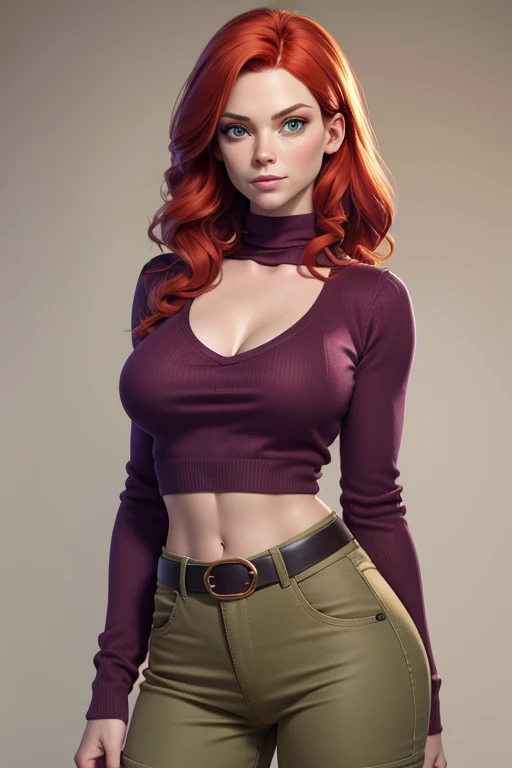 jean grey with a red hair, big green eyes, medium breasts, belt, cotton purple sweater with a large neckline and exposed shoulders, green bra, low-rise beige cargo pants, covered navel, cropped legs, cotton, front view!, white background, realistic colors, front view, light coming from the right, 8K image quality, Masterpiece