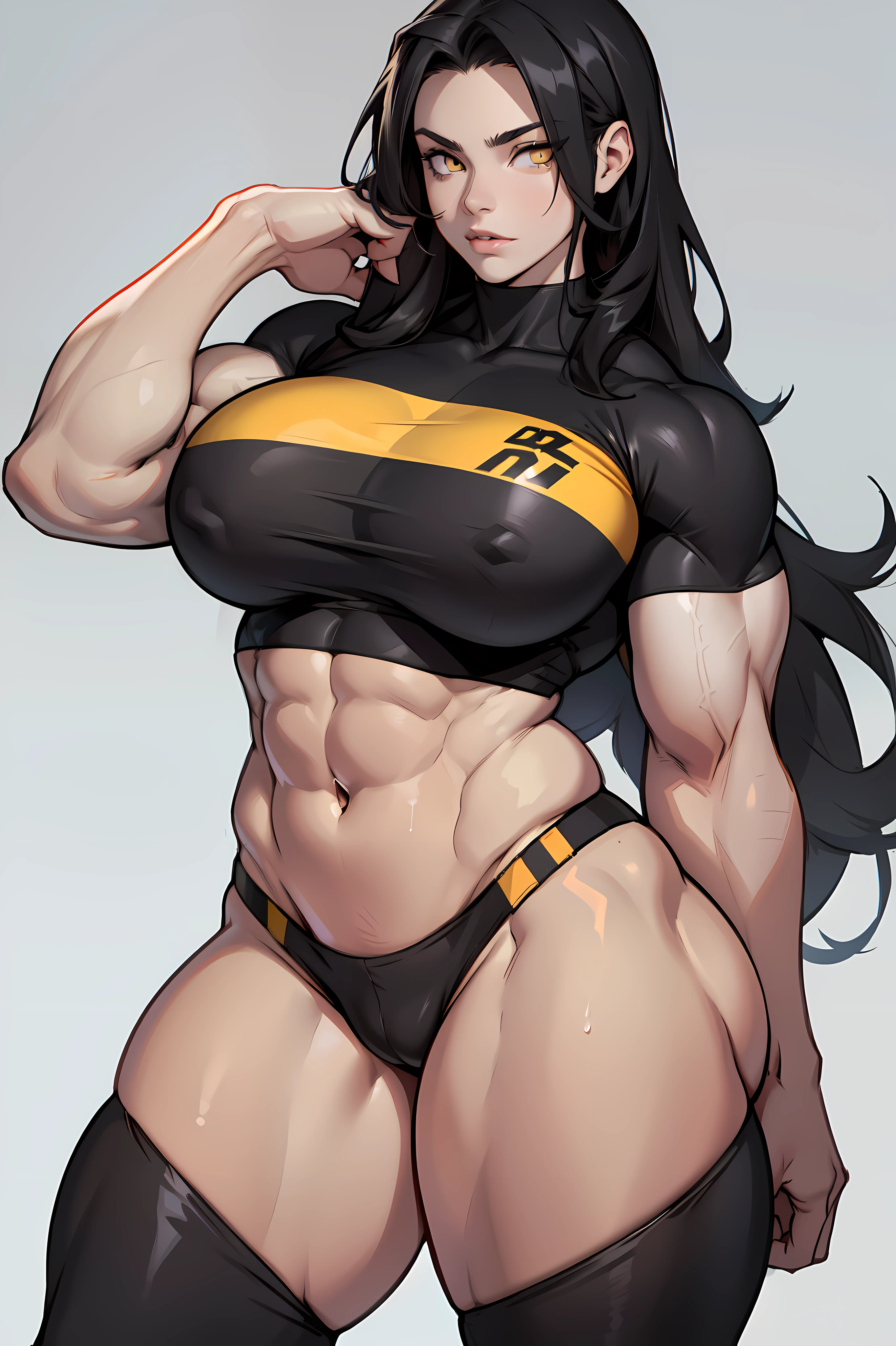 (((1girl bodybuilder))) pale skin black hair very long hair yellow eyes long abs (curvy wide hips thick thighs huge  grey background)