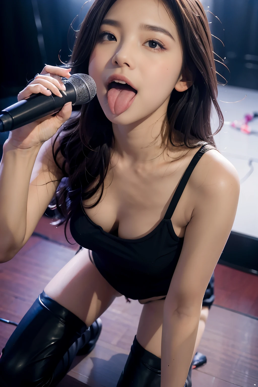Best quality, masterpiece,photorealestic,1girl,solo, full body, kneeling,looking at viewer, blush, lips,open_mouth,microphone,tongue,tongue_out