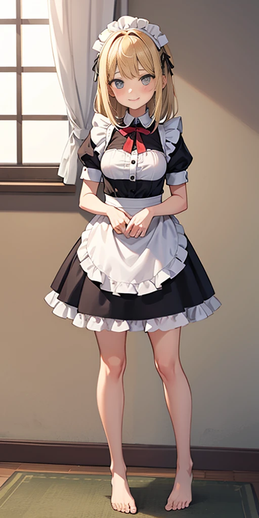 1girl, cute, ((Short black hair girl and long blonde hair girl)), maid victorian, maid apron, straight face, dazed, Body position: Standing, straight, symmetrical, barefoot, Lustful smile on face with red blush