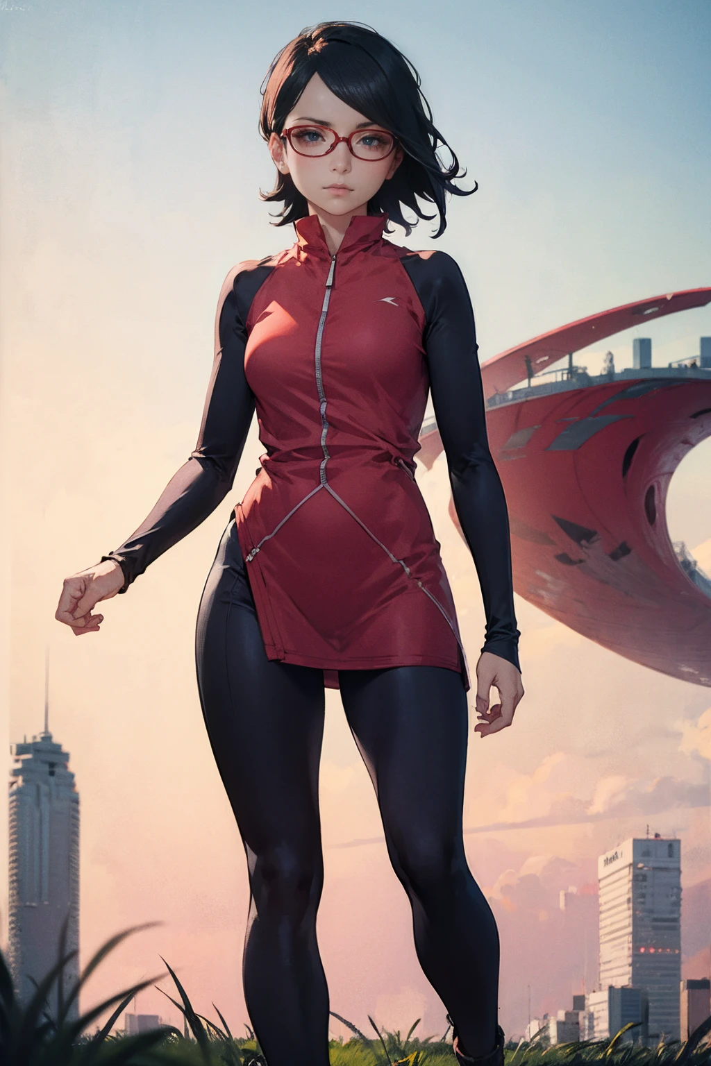 (Sarada Uchiha,short hair,black hair,glasses),full body picture Unreal Engine 5 8K UHD of beautiful girl, green Japanese style long hair, ((wearing futuristic black tight battle suit)), half face mask, (futuristic neck collar), grass green light details, best quality, masterpiece