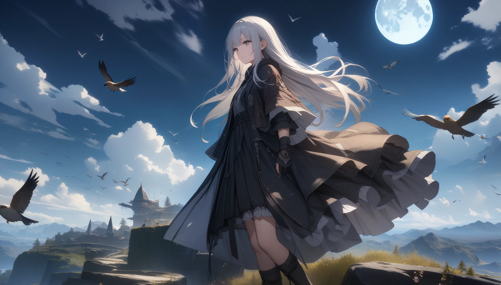 32k, best quality, ultra high res, HDR, UHD, extremely detailed CG, unity 32k wallpaper, highest quality, Very detailed, masterpiece, Super detailed, cloud, witch_Have, Have, 1 Girl, null, green_null,Day, length_hair, cloudy_null, moon,bird, alone, Silver_hair, witch, Outdoor,
