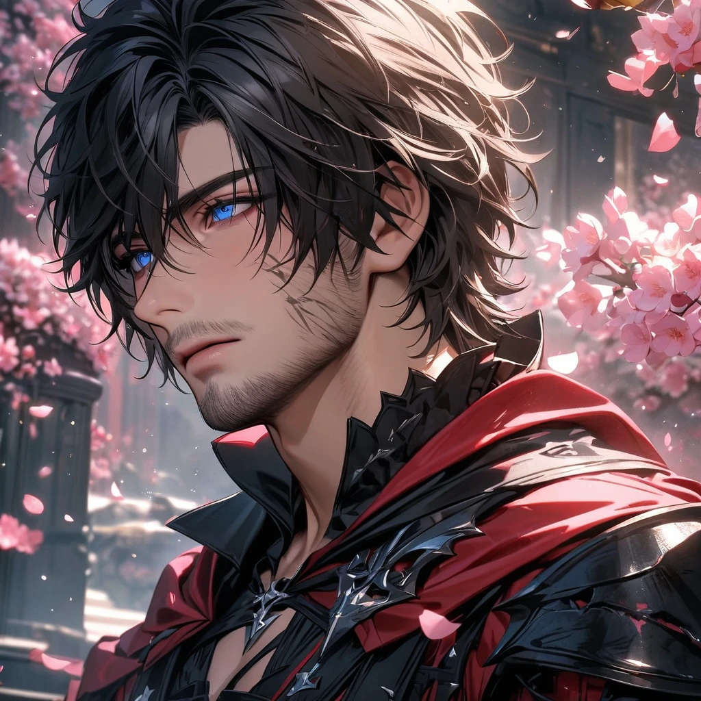 absurdres, highres, ultra detailed, HDR, master piece, best quality, Clive Rosfield, black hair, expressive blue eyes, Final Fantasy XVI, 1man, handsome, black and red clothes, pink petals, pink butterflies, pink flowers, pink butterflies, blossoms