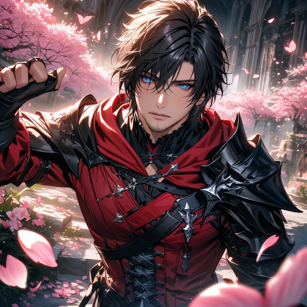 absurdres, highres, ultra detailed, HDR, master piece, best quality, Clive Rosfield, black hair, expressive blue eyes, Final Fantasy XVI, 1man, handsome, black and red clothes, pink petals, pink butterflies, pink flowers, pink butterflies, blossoms